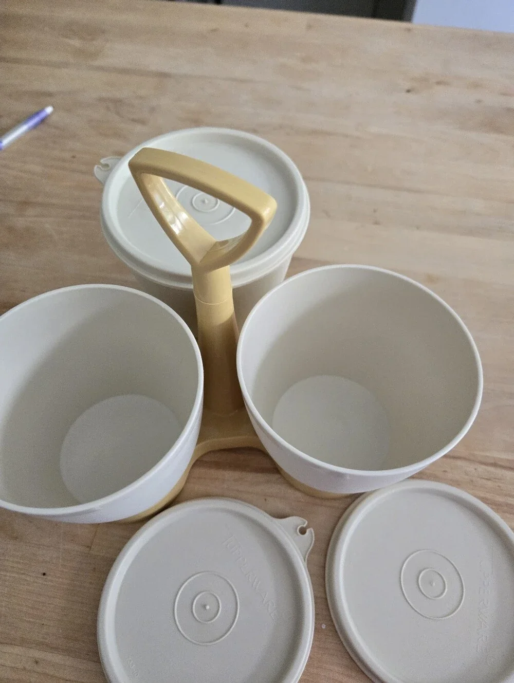 Vintage Tupperware condiment caddy,  featuring almond-colored cups. Gold Caddy